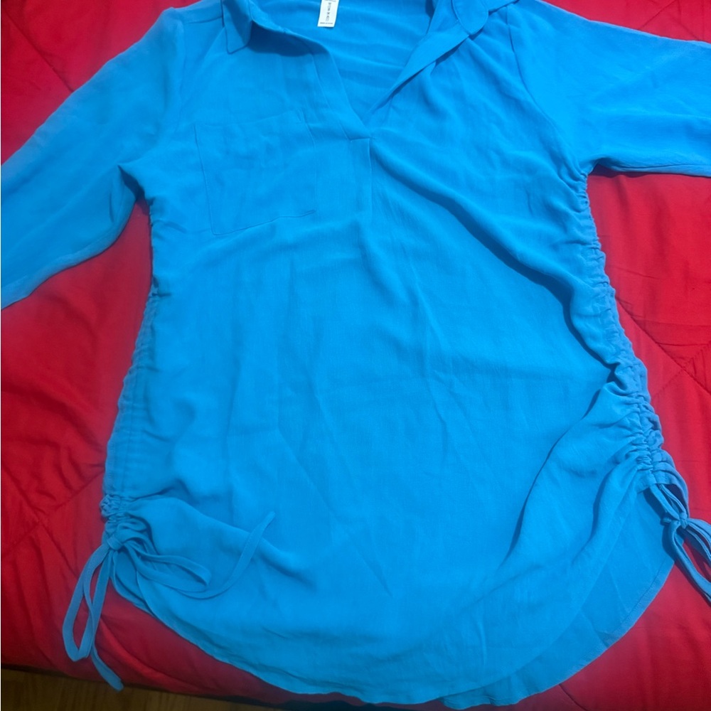 Women's Blue Drawstring Side Tunic Top